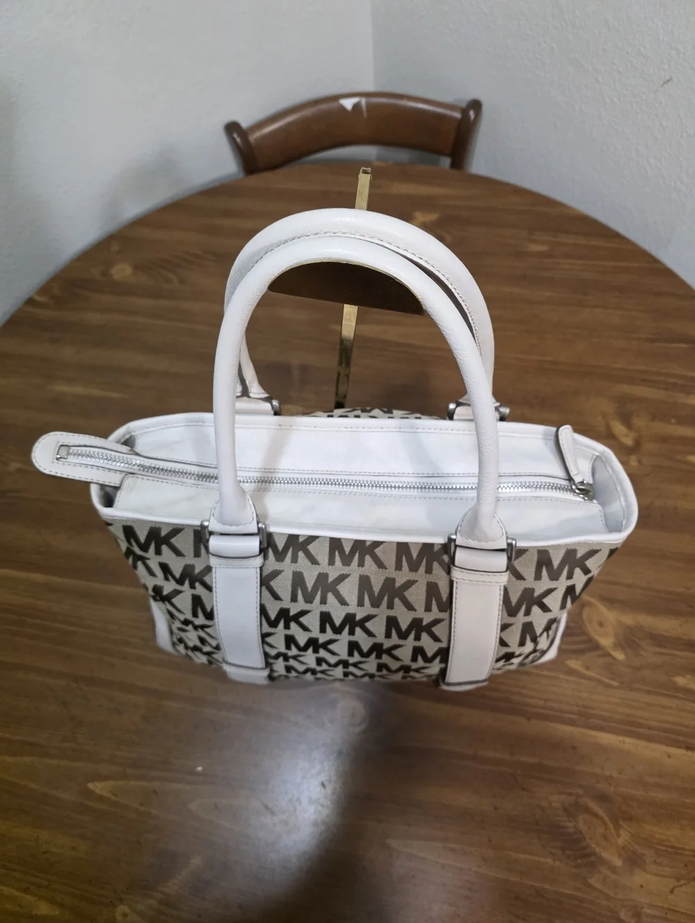 Michael Kors Brown and Cream MK Signature Shoulder Tote